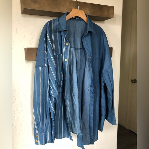Shein|Oversized button down chambray top, striped & solid—asymmetrical hem•••XXL - Picture 6 of 14